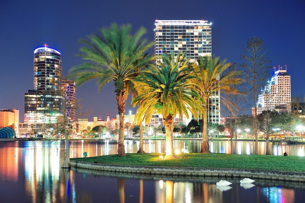 trees against Orlando, FL buildings at night